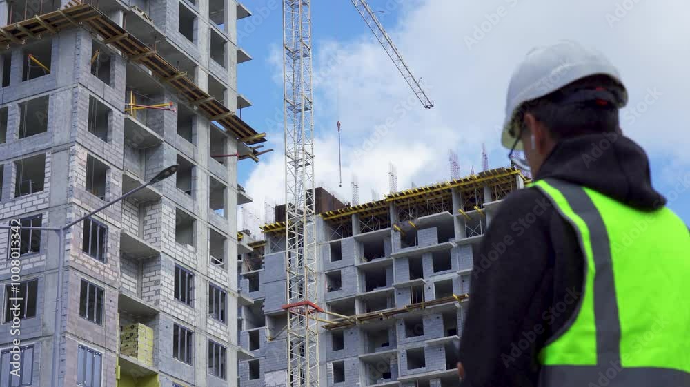Construction site, a man in a helmet talking on a headset. 