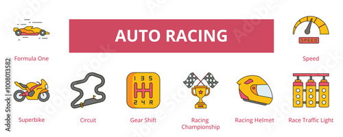 Auto Racing Lineal Color Banner Web Icon Set Vector Illustration, Formula One Superbike Circuit Gear Shift Championship Racing Helmet Race Traffic Light Speed