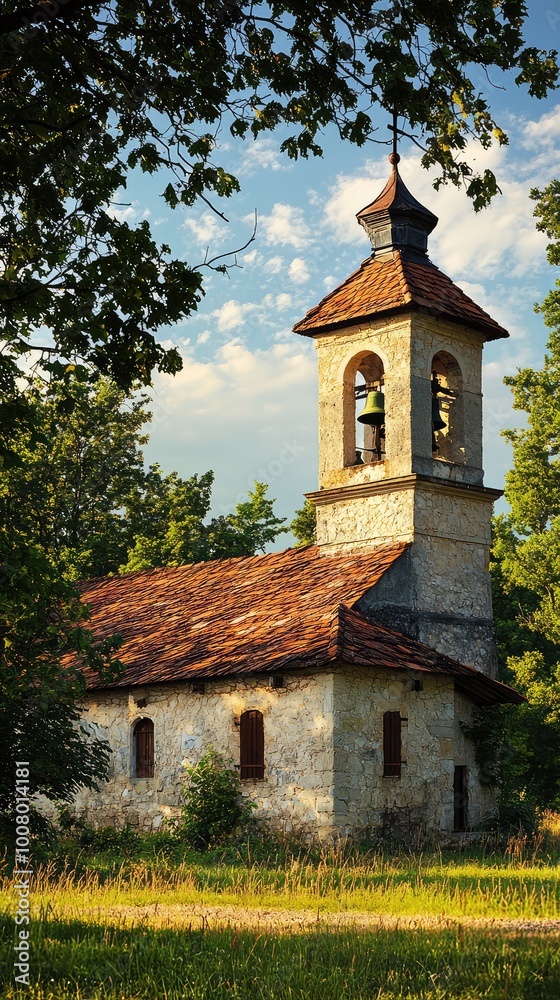 Naklejka premium A serene countryside view of an old church with a bell tower, surrounded by lush greenery and a clear blue sky.