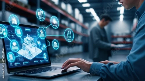 A male professional, focused and engaged, analyzes digital data on a laptop in a modern warehouse setting created with generative ai