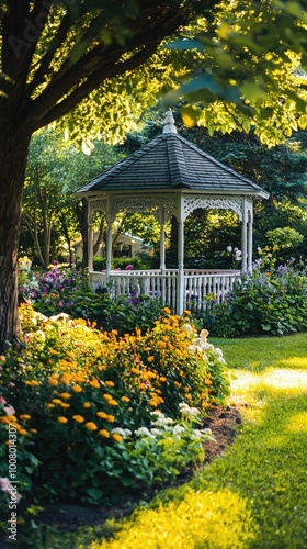 A serene garden scene featuring a charming gazebo surrounded by vibrant flowers and lush greenery.