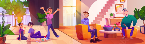 Kid play game in home living room. House interior with armchair and space for fun. Girl and boy friend with parent happy in building concept. Sunlight from window for entertainment activity on floor