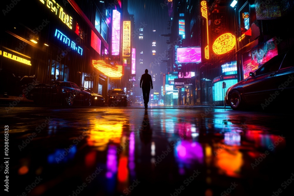 A lone figure walking through a high-tech metropolis at night, with neon lights reflecting off the rain-soaked streets, capturing the existential feelings of isolation in a futuristic world