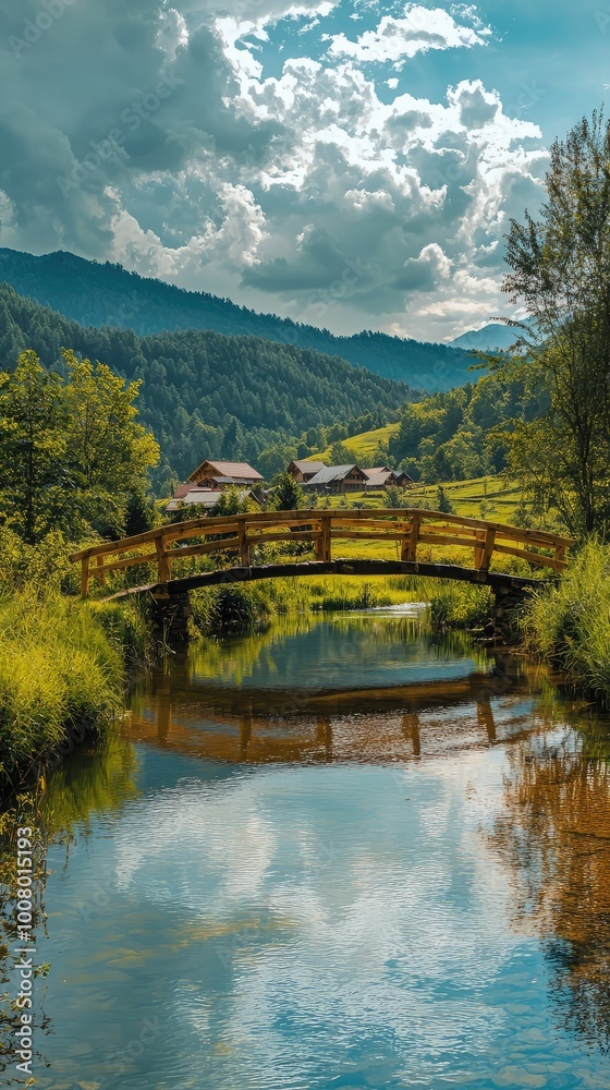 A serene landscape featuring a wooden bridge over a calm river, surrounded by lush greenery and majestic mountains under a cloudy sky. A serene landscape featuring a wooden bridge over a calm river, surrounded by lush greenery and majestic mountains under a cloudy sky.