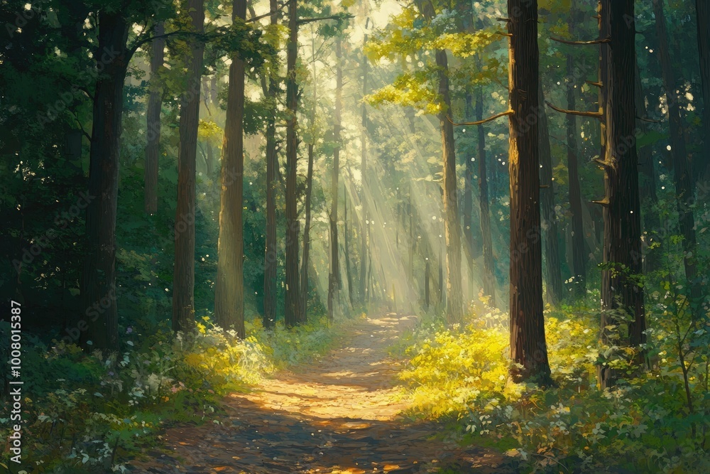 Fototapeta premium Sunbeams Illuminating a Path Through a Lush Green Forest