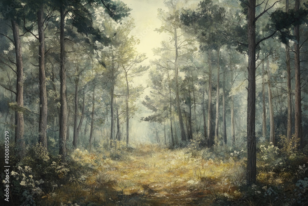 Sunlit Path Through a Dense and Tranquil Forest
