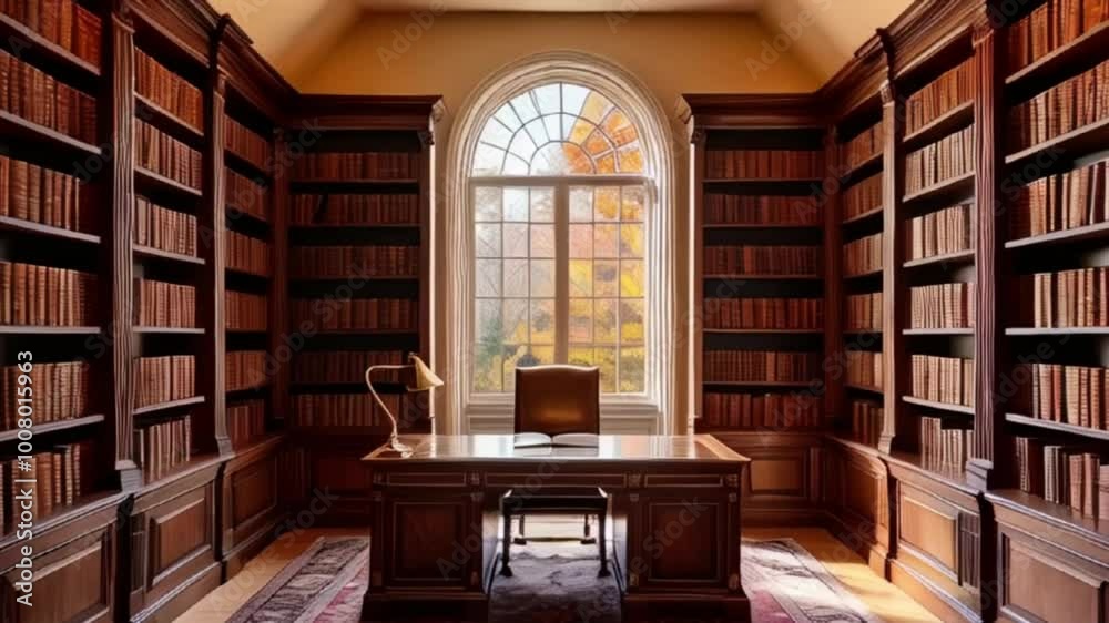 An elegant home library featuring rich wooden shelves filled with books, a wooden desk, and a warm autumn glow through large windows created with generative ai An elegant home library featuring rich wooden shelves filled with books, a wooden desk, and a warm autumn glow through large windows created with generative ai