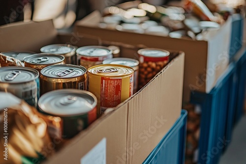 Filled with canned goods and dry food, the donation bins in this close-up capture the spirit of community-driven charity