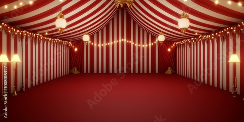 A vibrant circus tent interior with red and white striped walls, soft glowing lights, and a spacious red carpet.
