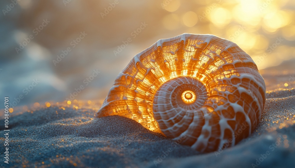 A nautilus shell sits on a sandy beach at sunset, with the setting sun casting a warm glow on the shell.