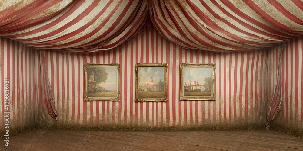 A vibrant striped tent interior featuring framed artworks against a rustic backdrop. A vibrant striped tent interior featuring framed artworks against a rustic backdrop.