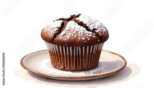  Chocolate muffin with powdered sugar in rustic style