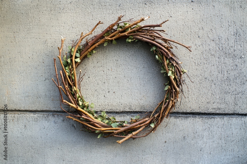 Fototapeta premium A Rustic Twig and Leaf Wreath on a Grey Concrete Wall