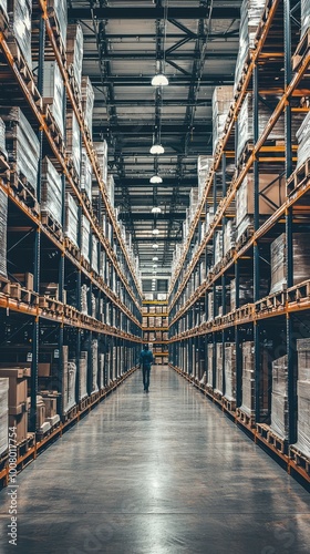 A spacious warehouse filled with organized shelves and boxes, showcasing a clean industrial space for storage and logistics.