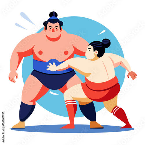 Sumo Wrestlers in Action: A dynamic illustration depicting two sumo wrestlers in a fierce and competitive match. The illustration captures the strength, power.