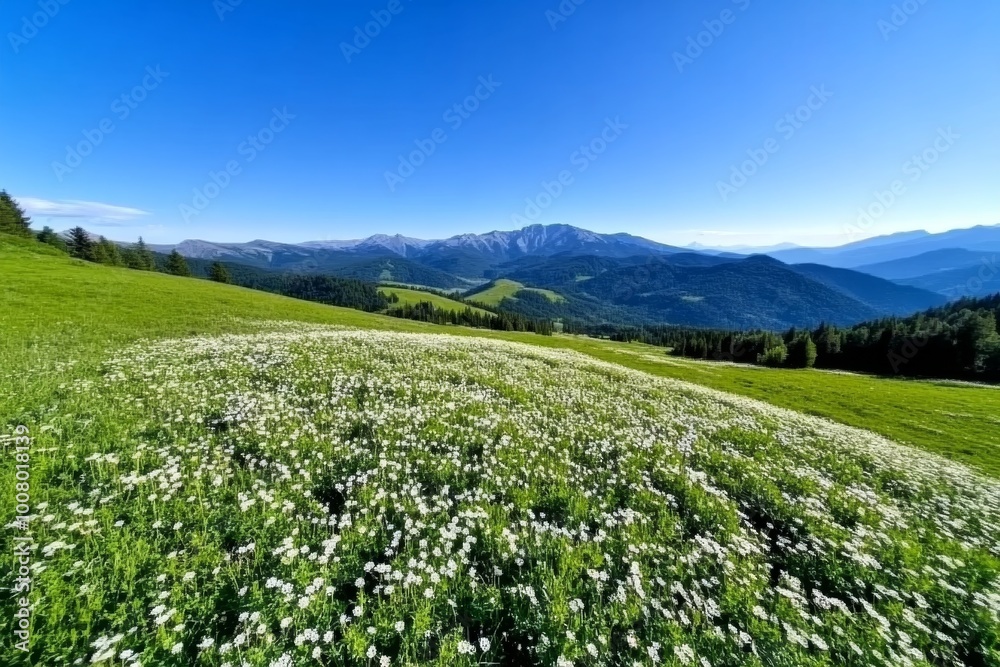 A scenic view of wildflowers covering a meadow, with the soft breeze causing them to sway gently under a clear blue sky, showcasing the beauty of untouched nature A scenic view of wildflowers covering a meadow, with the soft breeze causing them to sway gently under a clear blue sky, showcasing the beauty of untouched nature