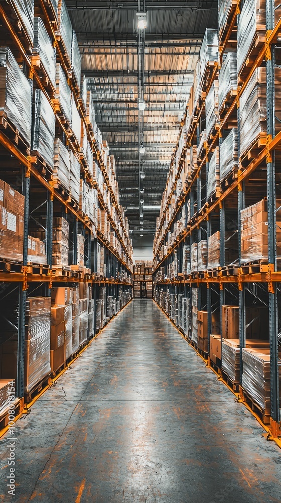 Fototapeta premium A spacious warehouse interior with stacked shelves and neatly arranged boxes, ideal for logistics and storage scenarios.