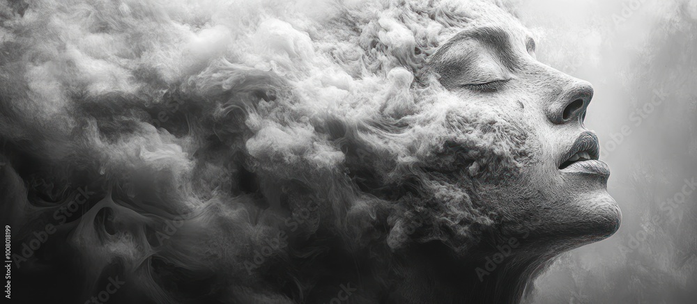 A woman's face emerges from a swirling cloud of smoke, eyes closed in a state of peace and tranquility. A woman's face emerges from a swirling cloud of smoke, eyes closed in a state of peace and tranquility.