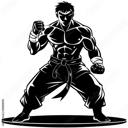 Unstoppable Martial Artist: A powerful silhouette of a muscular man in a fighting stance, embodying strength, discipline, and the spirit of martial arts. 