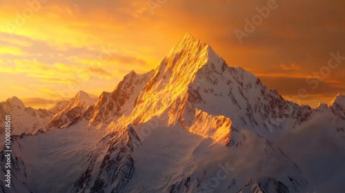 A sunrise over a mountain range, casting golden light on the snow-covered peaks and illuminating the valleys below.