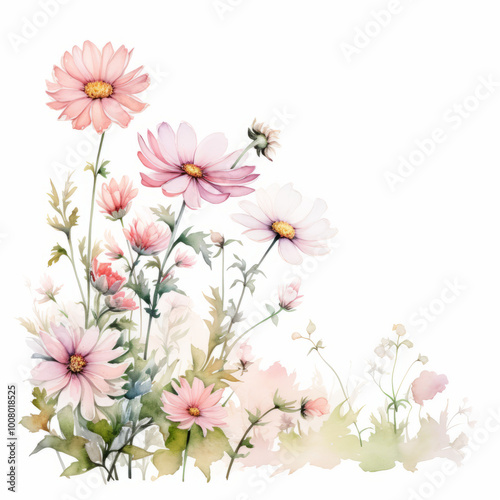  Wild flower watercolor bouquet, botanical , floral arrangement, soft pinkish colors 