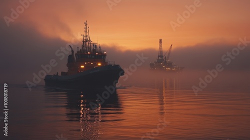 A supply vessel approaching an oil rig at dawn, creating a sense of anticipation as it prepares to deliver necessary equipment and supplies. photo