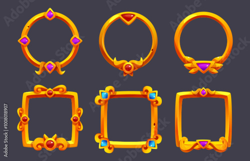 Medieval fantasy ui game frame for button or medal. Gem stone interface element for rpg avatar. Royal label border in circle and square graphic. Gui rank bar asset with decoration for user cartoon