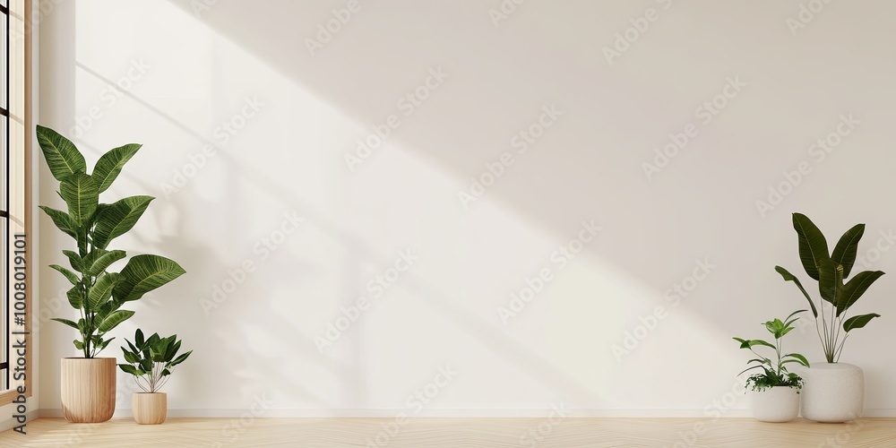 A minimalist room features large windows, sleek wooden flooring, and two stylish potted plants bringing life to the bright, empty space. A minimalist room features large windows, sleek wooden flooring, and two stylish potted plants bringing life to the bright, empty space.