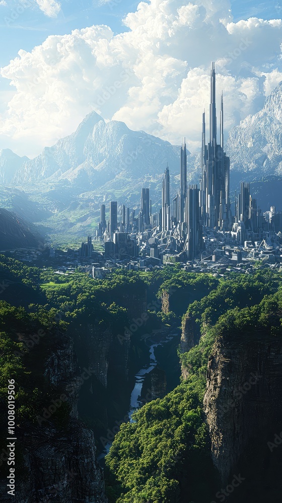 Fototapeta premium A stunning fantasy cityscape nestled in lush greenery, surrounded by majestic mountains and dramatic clouds.