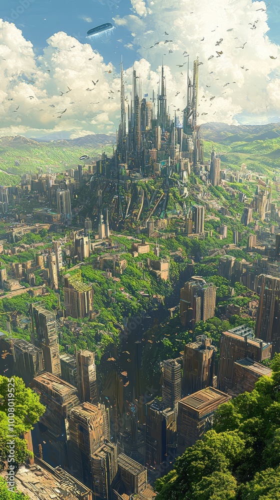 Fototapeta premium A stunning futuristic cityscape surrounded by lush greenery, showcasing towering structures against a vibrant sky.