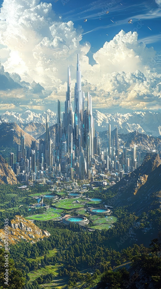 Fototapeta premium A stunning futuristic cityscape surrounded by majestic mountains and vivid clouds, showcasing advanced architecture and nature's beauty.