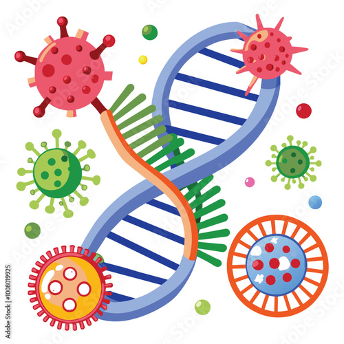 A colorful representation of a DNA sequence surrounded by COVID virus cells highlighting the complex interactions during viral infection processes