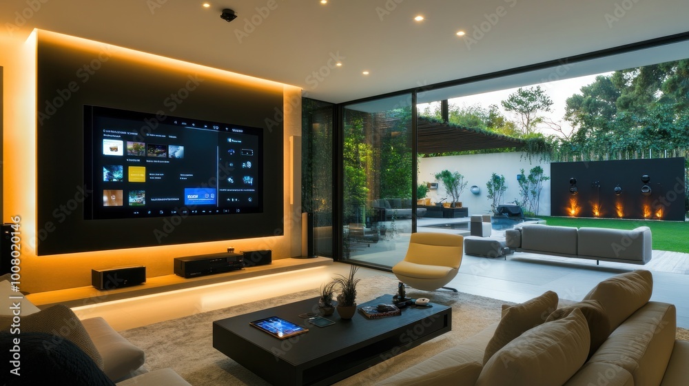 Modern living room with a large TV, sleek furniture, and a view of an outdoor space. Modern living room with a large TV, sleek furniture, and a view of an outdoor space.