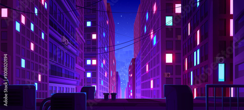 Night downtown street. Neon light city background. Perspective cityscape view with futuristic building. Abstract metaverse district scape with window glow. Cyber dark urban rooftop game panorama