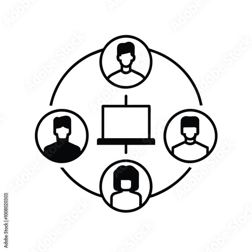 A group of freelancers engages in remote work connecting through a central computer interface for a collaborative online meeting in a digital environment