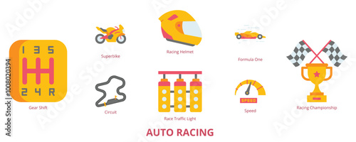 Auto Racing Flat Banner Web Icon Set Vector Illustration, Formula One Superbike Circuit Gear Shift Championship Racing Helmet Race Traffic Light Speed photo