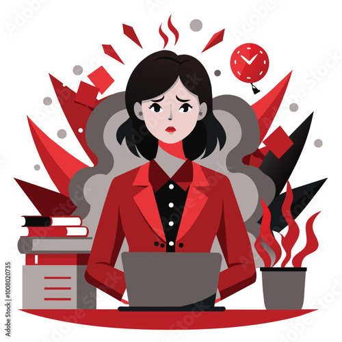 A frustrated female office worker sits at her cluttered desk overwhelmed by her workload and surrounded by chaotic elements that reflect her stress