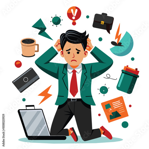 A tired man in a suit sits on the floor of his office visibly frustrated surrounded by stress indicators and piles of work that contribute to his exhaustion