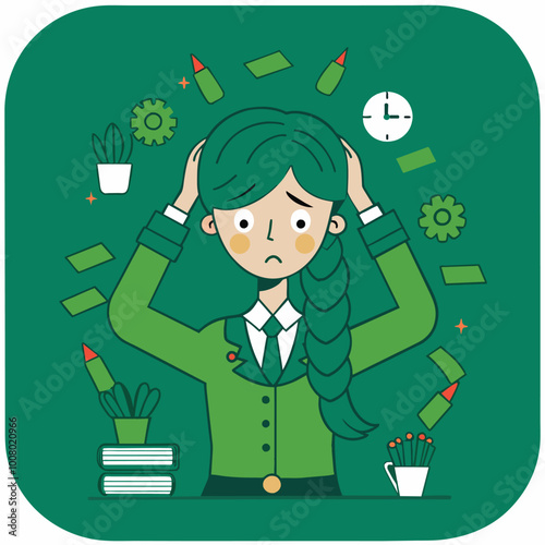 A tired businesswoman expresses frustration after an exhaustive day at work surrounded by deadlines and unfinished tasks in her office environment.