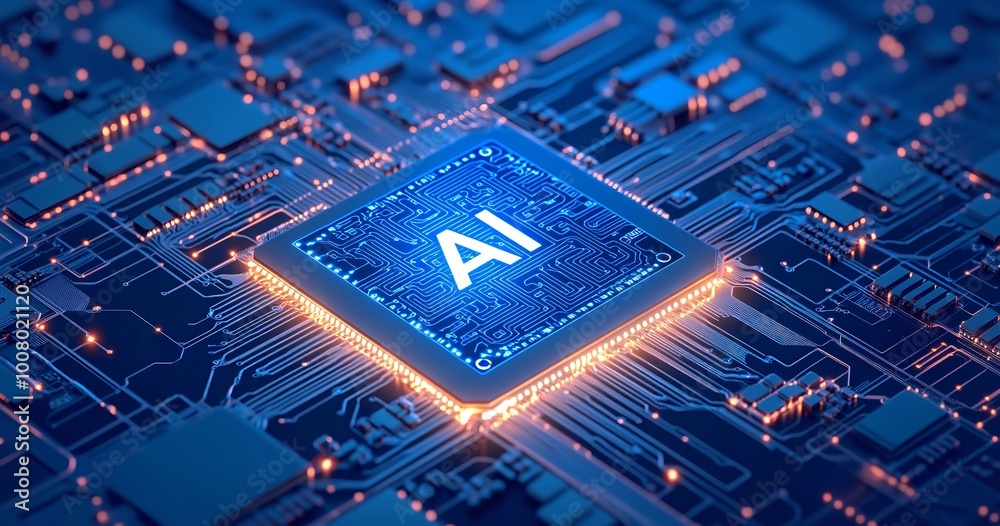 Futuristic AI chip on a motherboard. Blue neon glow illuminates advanced technology. Conceptual image of artificial intelligence hardware. Perfect for Futuristic AI chip on a motherboard. Blue neon glow illuminates advanced technology. Conceptual image of artificial intelligence hardware. Perfect for