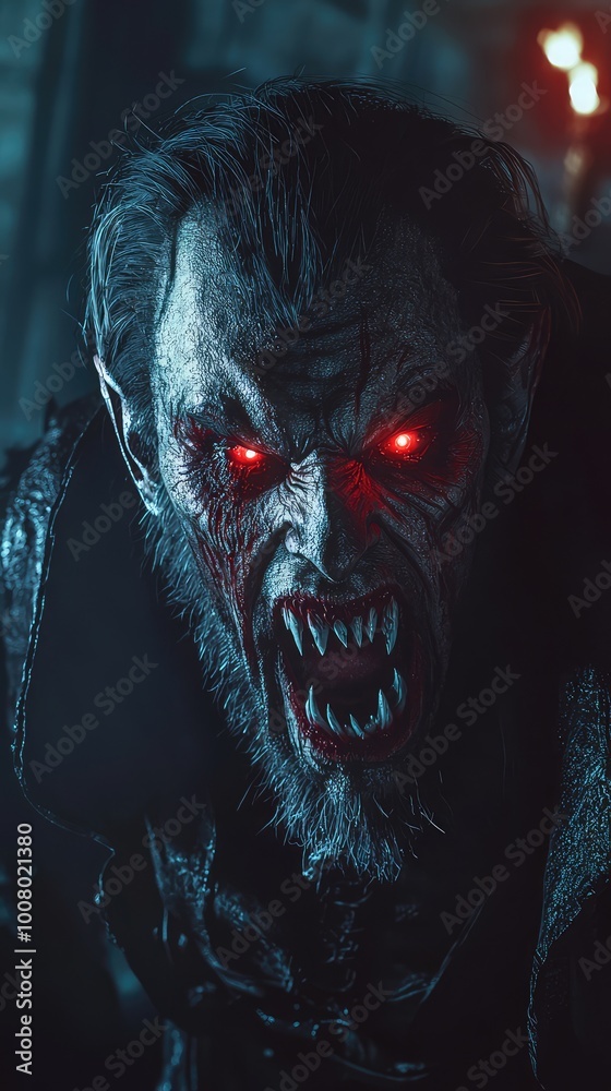 A terrifying creature with red eyes and sharp fangs, embodying darkness and fear in a haunting scene.