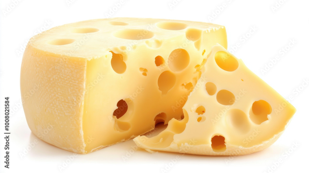 Photo of delicious Emmenthal cheese, cut in half with holes visible inside on a white background Photo of delicious Emmenthal cheese, cut in half with holes visible inside on a white background
