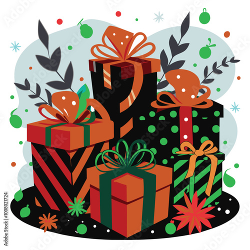 A collection of vibrant gift boxes adorned with ribbons and holiday motifs thoughtfully arranged to evoke the spirit of celebration and joy