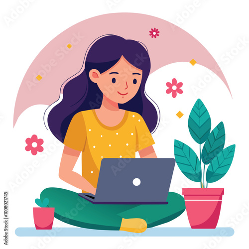 A young girl is focused on her laptop while sitting comfortably on the floor in a bright indoor setting filled with plants and cheerful decor