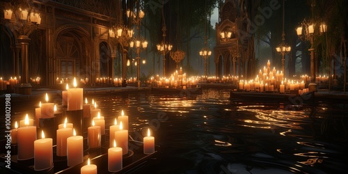 A Mystical Waterway Reflects the Golden Glow of Candles Surrounding a Darkened Courtyard, Casting an Ethereal Aura Over the Tranquil Scene