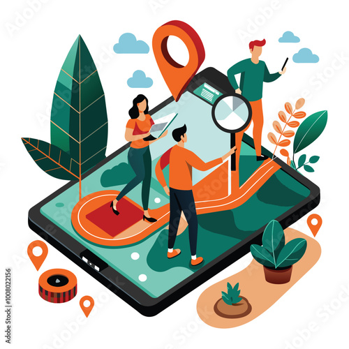 Tiny figures interact with a smartphones GPS navigation discovering their surroundings while surrounded by lush greenery and modern technology