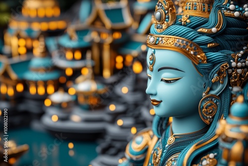 Hyper-realistic image of a close-up of the templeâ€™s detailed carvings and statues, with every texture and color captured with lifelike precision. photo