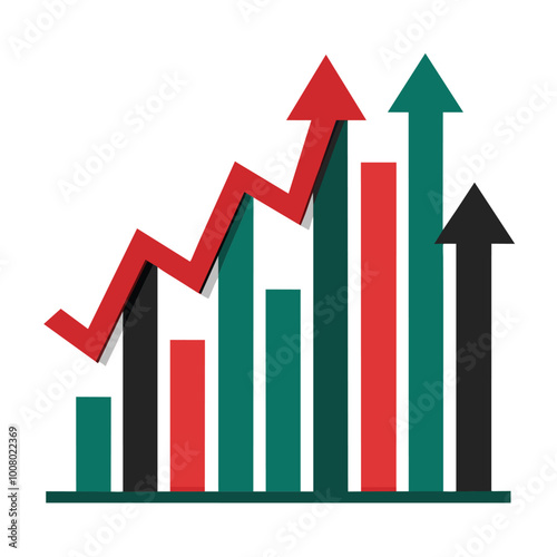 This graphic depicts a fluctuating financial chart with bars in green and black accompanied by red and green arrows representing market trends
