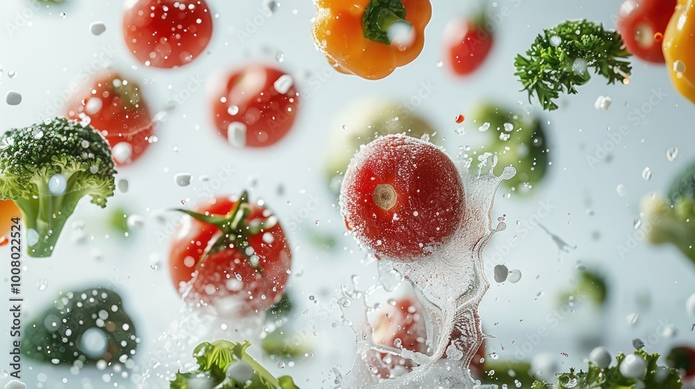 Frozen varieties of vegetables falling against a pure white background. frozen texture on vegetables, ice crystals visible. Frozen varieties of vegetables falling against a pure white background. frozen texture on vegetables, ice crystals visible.