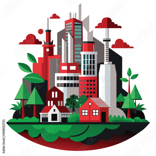 This digital artwork depicts a lush green city featuring modern buildings integrated with trees reflecting a blend of ecology and urban life
